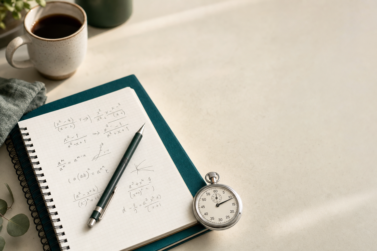 Caderno com anotações de matemática GMAT, lápis, cronômetro analógico e café sobre mesa clara