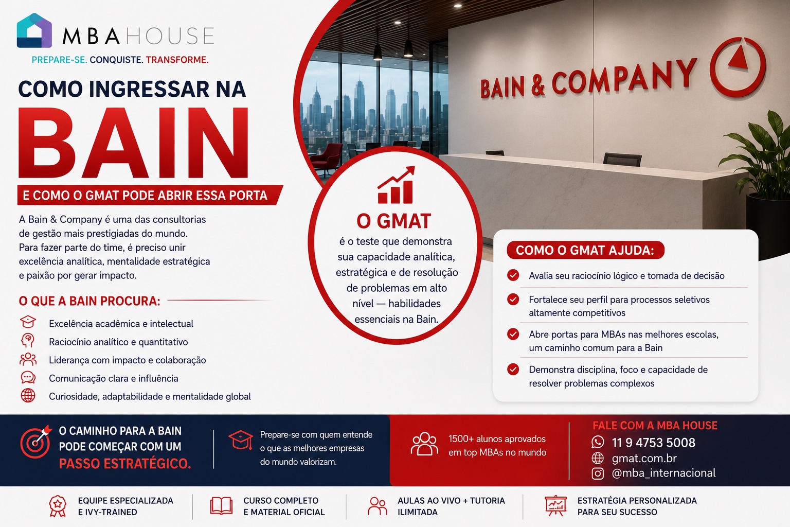 Como ingressar na Bain (Bain & Company) e como o GMAT pode abrir essa porta — infográfico MBA House com escritório Bain, cinco competências que a consultoria procura e como o GMAT ajuda