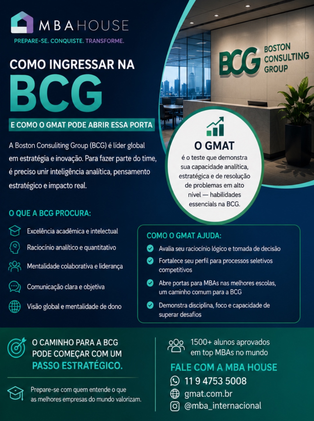 Como ingressar na BCG (Boston Consulting Group) e como o GMAT pode abrir essa porta — infográfico MBA House com escritório BCG, cinco competências que a consultoria procura e como o GMAT ajuda