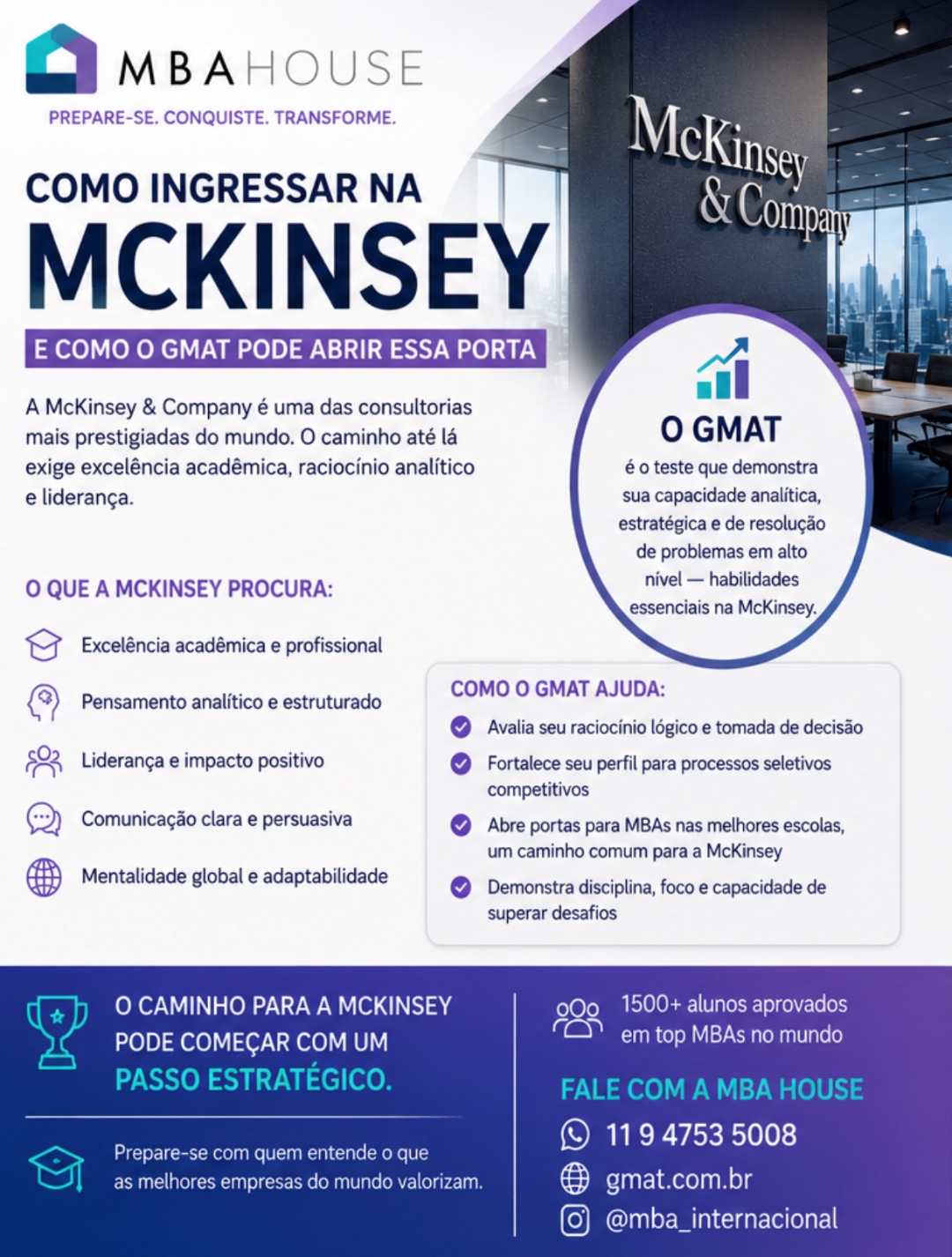 Como ingressar na McKinsey e como o GMAT pode abrir essa porta — infográfico MBA House com escritório McKinsey & Company, cinco competências que a consultoria procura e como o GMAT ajuda